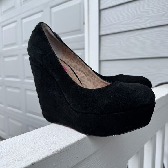Betsey‎ Johnson Wedge Shoes Womens Size 7.5M Black Suede Reily Platform Heels - Picture 4 of 12